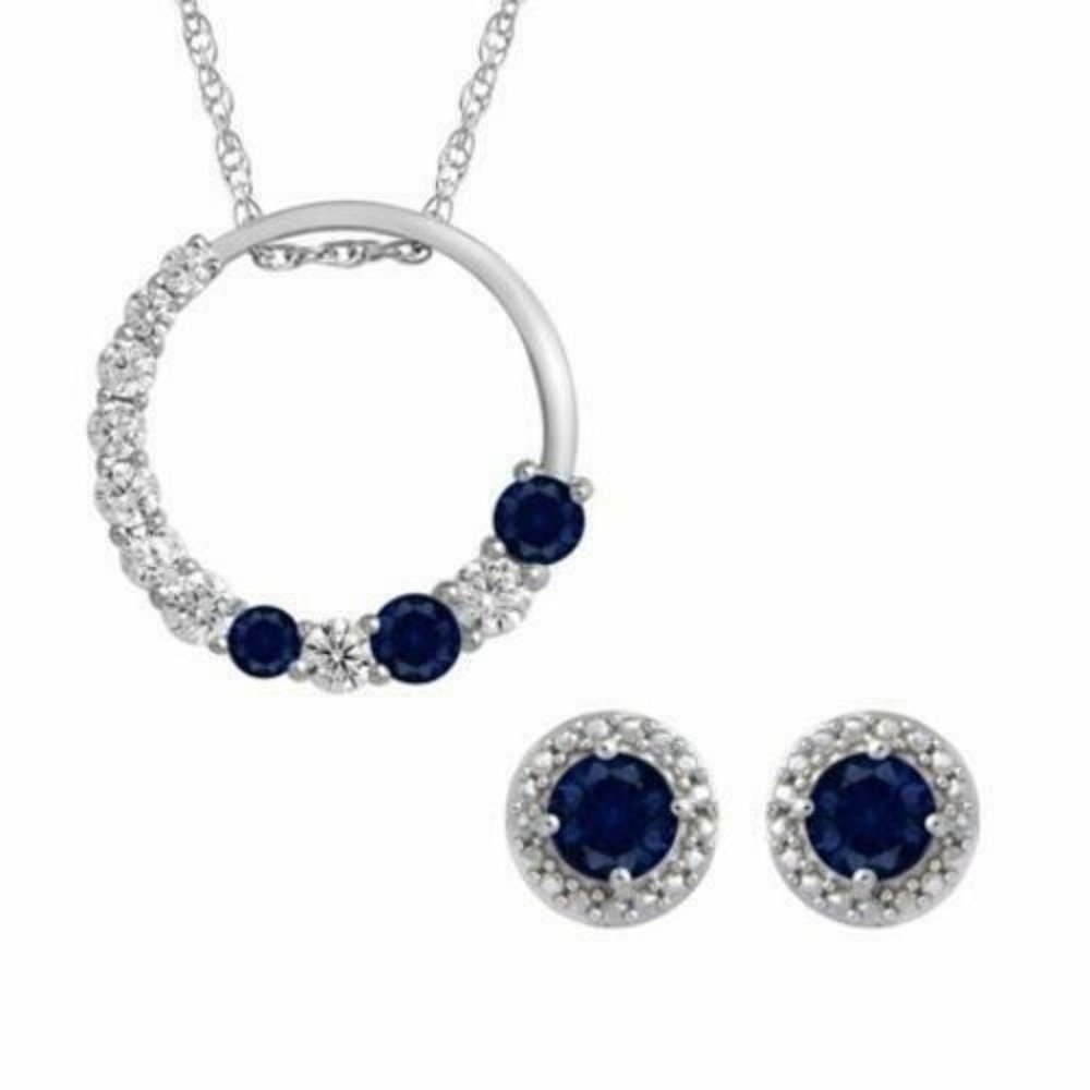 Sterling Silver Simulated Sapphire & CZ Necklace &Earring Set - 18"